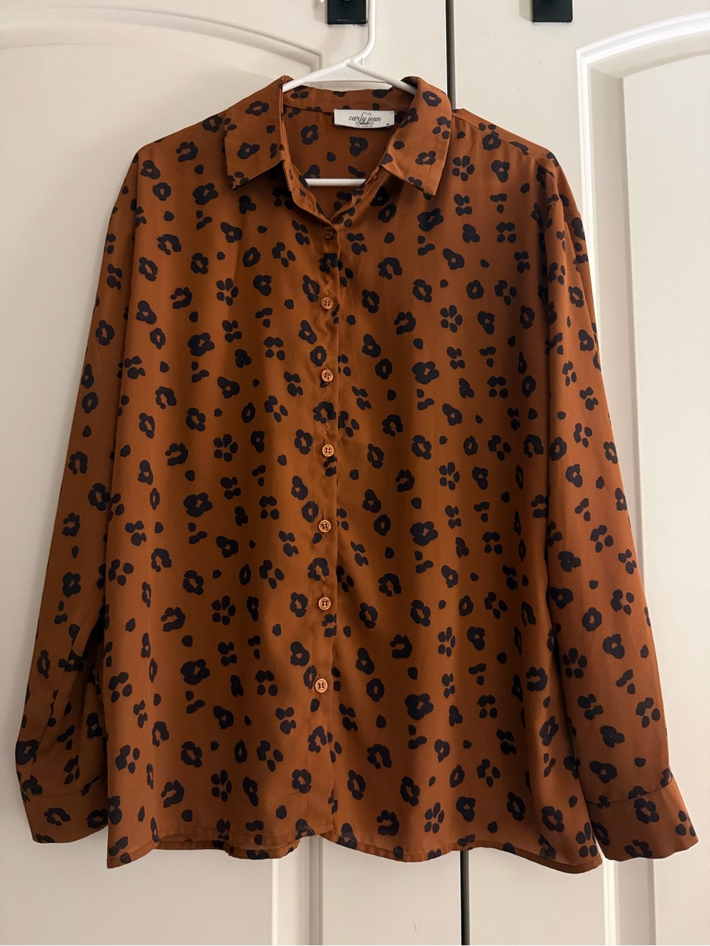Carly Jean Los Angeles Brown Button-Down Shirt with Black Spot Print